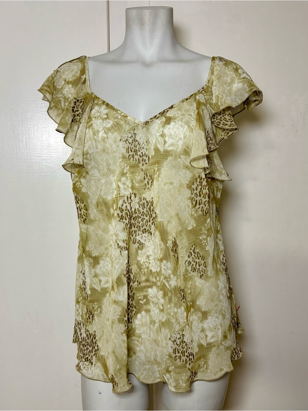 Vintage 90s/Y2K Venezia Jeans Green Brown Floral Leopard Print Sheer Blouse